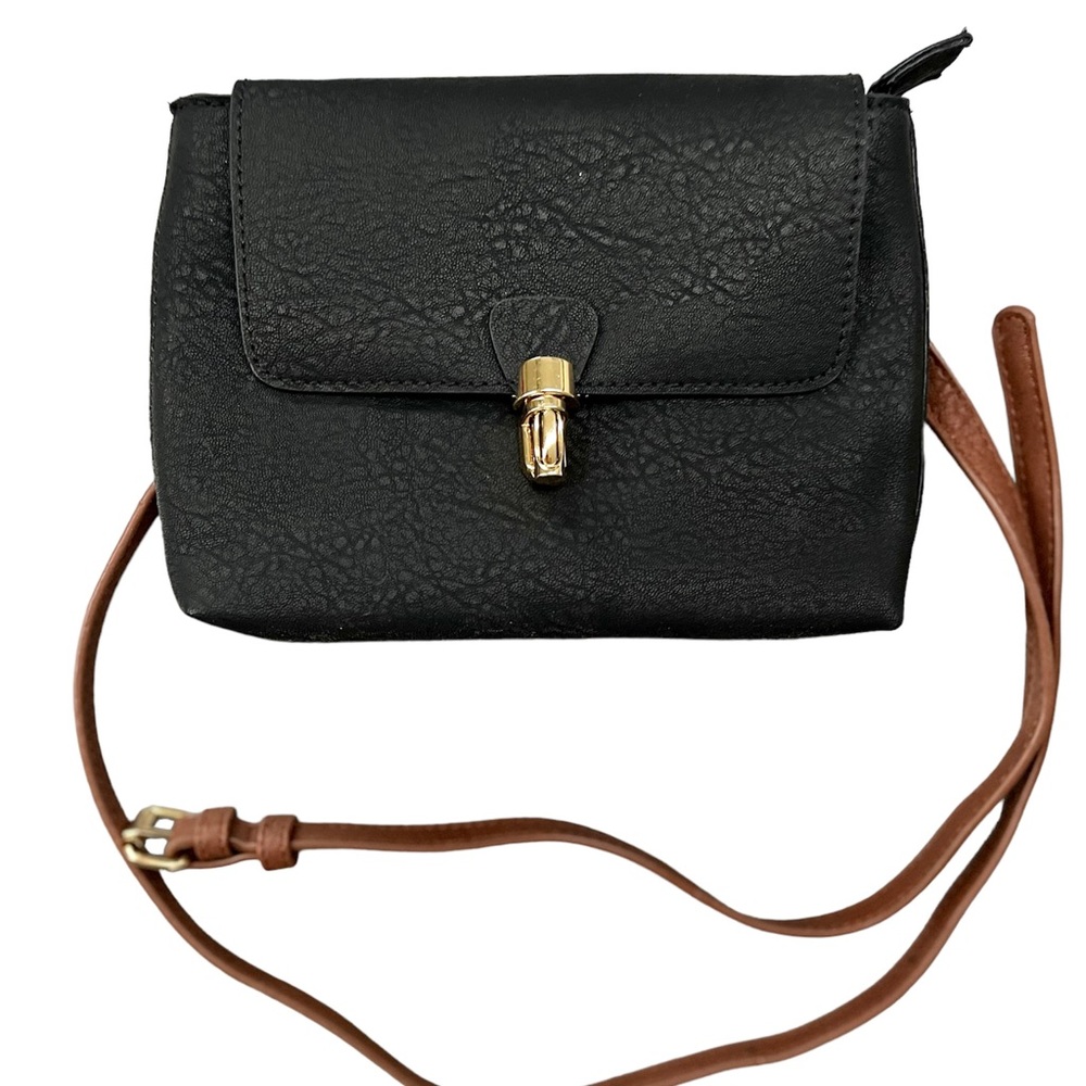 Black faux leather belt bag with brown trim